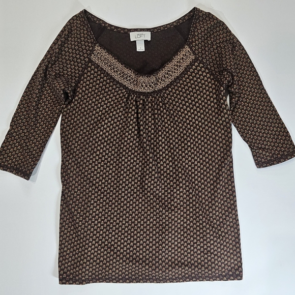 Loft Ann Taylor Blouse Womens Small Brown‎ Floral Lace Accents Cottageco… - Picture 1 of 7